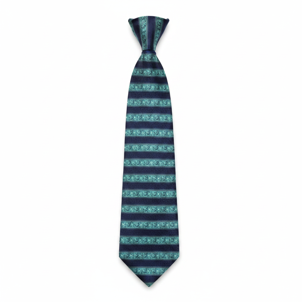 Men's navy blue and teal stripe ornamental woven necktie ghost mannequin white background