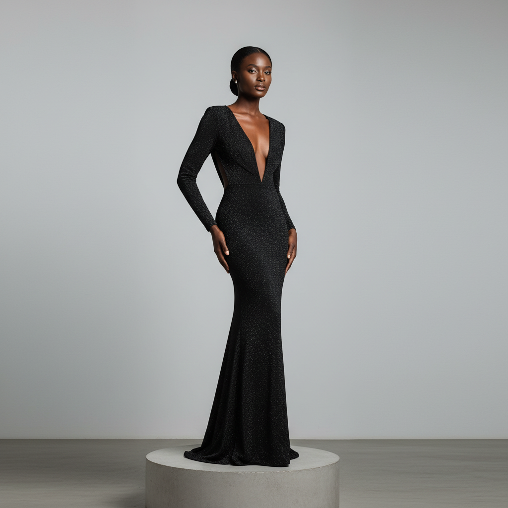 Black Glitter Open Back Maxi Gown – Model Shot