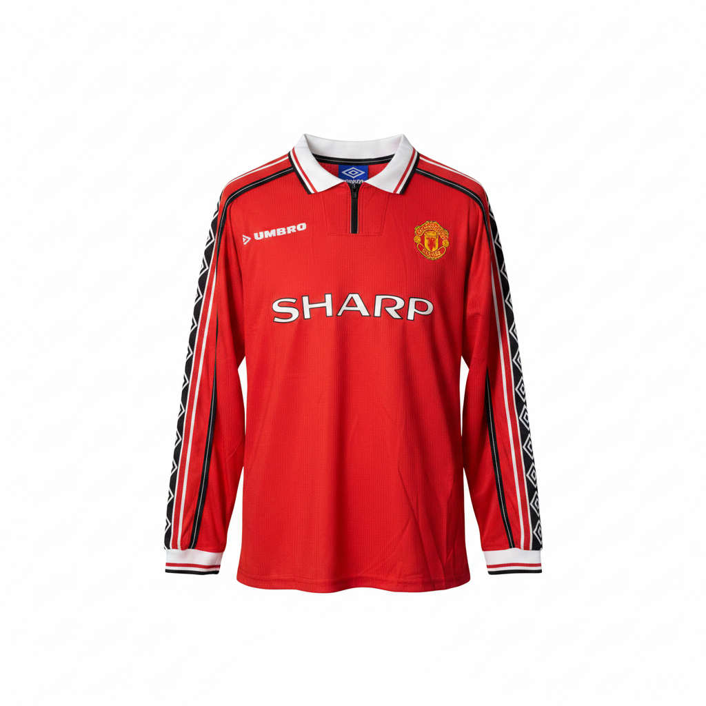 Red long-sleeve retro football jersey with diamond tape sleeves — ghost mannequin front view