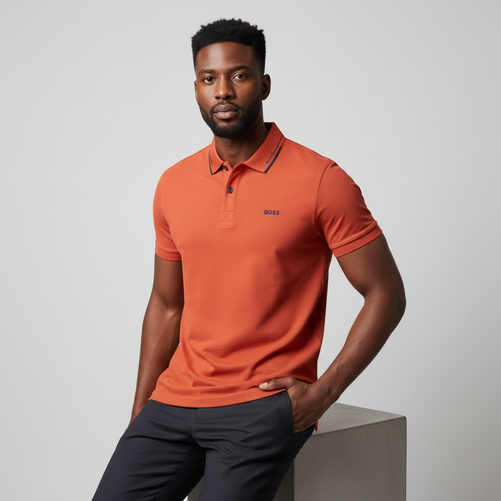 Orange Polo Shirt with Navy Collar Tipping - Model Front