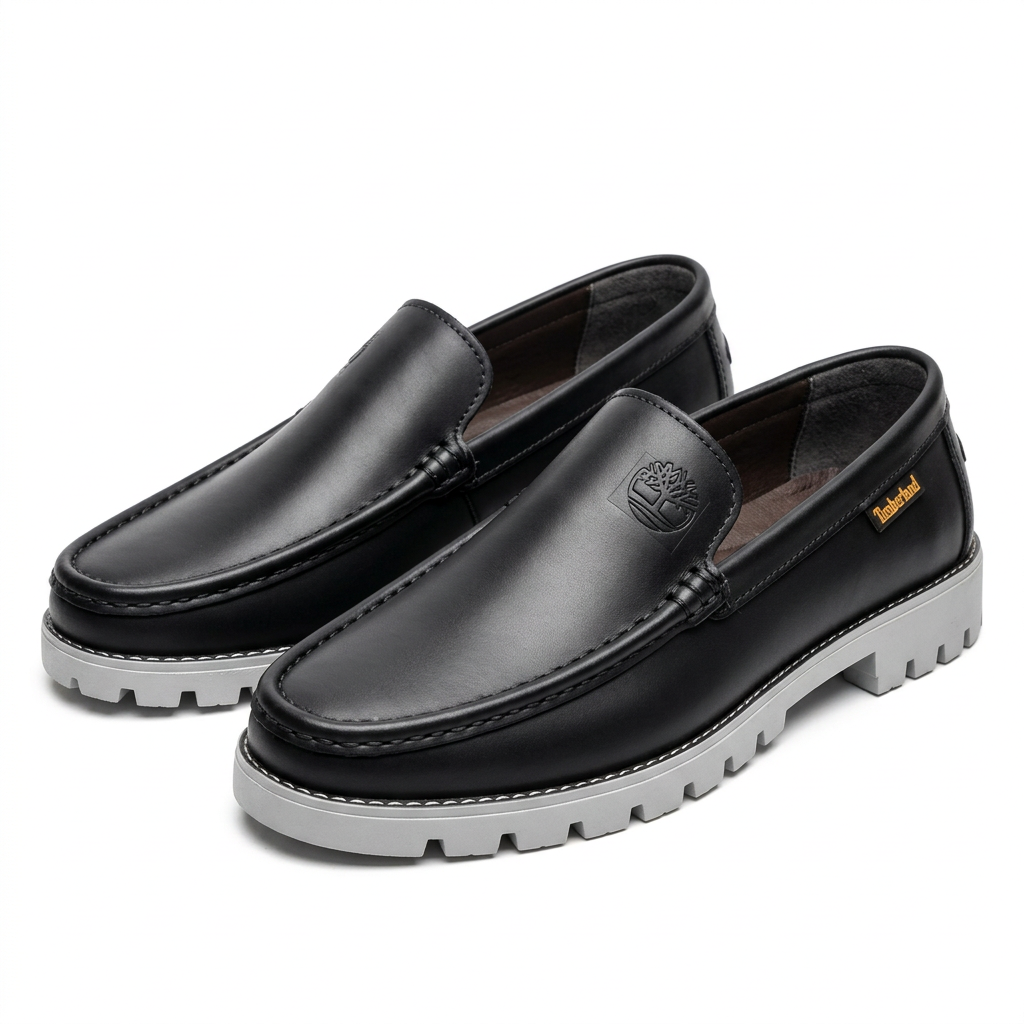 Pair of black embossed-emblem loafers with grey lug soles on white