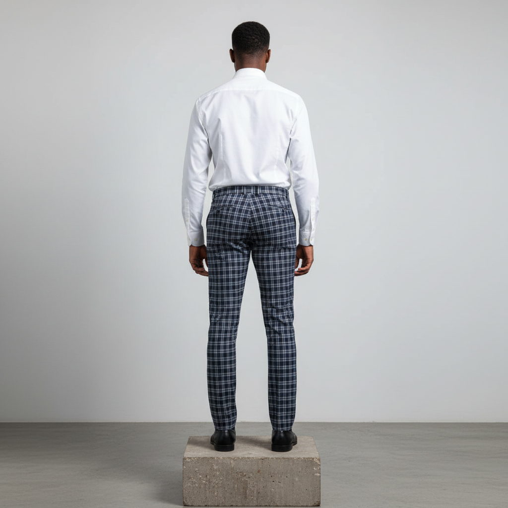 Dark Navy White Fine Plaid Trousers – Back Model