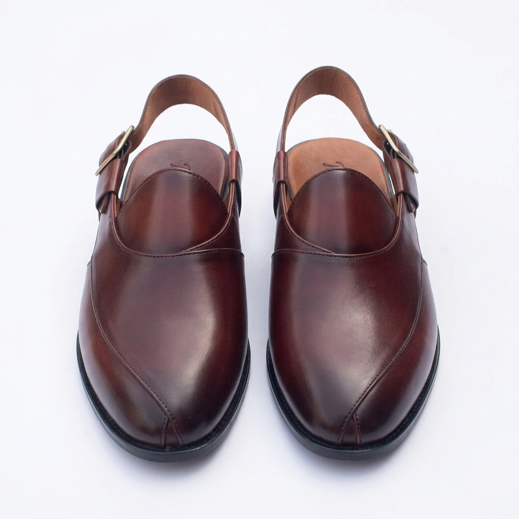 Straight-on burgundy-brown slingback shoes aligned side by side