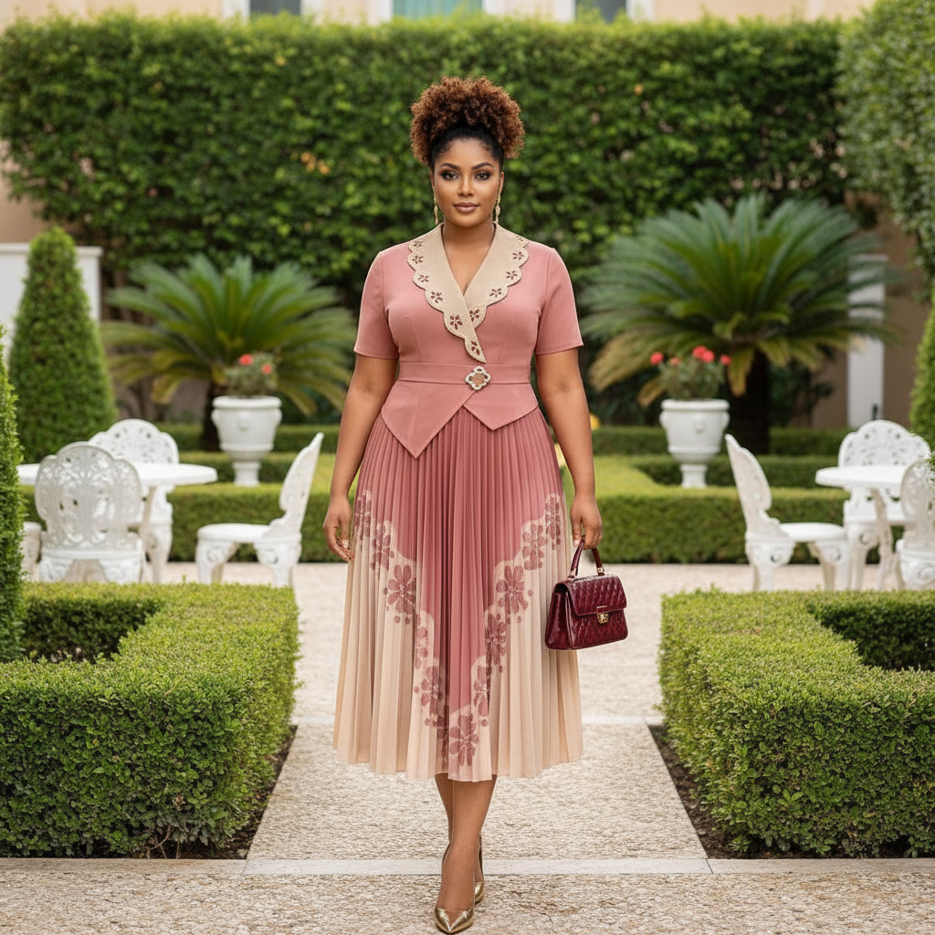 Women's Dusty Rose Ombré Floral Pleated Midi Skirt Suit Set - Model Front View