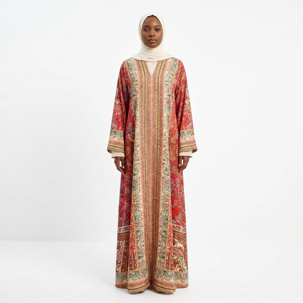 Nigerian woman wearing the red paisley floral-border abaya