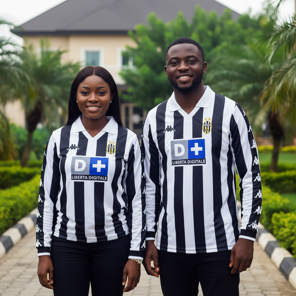 Nigerian female and male models wearing the black and white striped long-sleeve retro football jersey