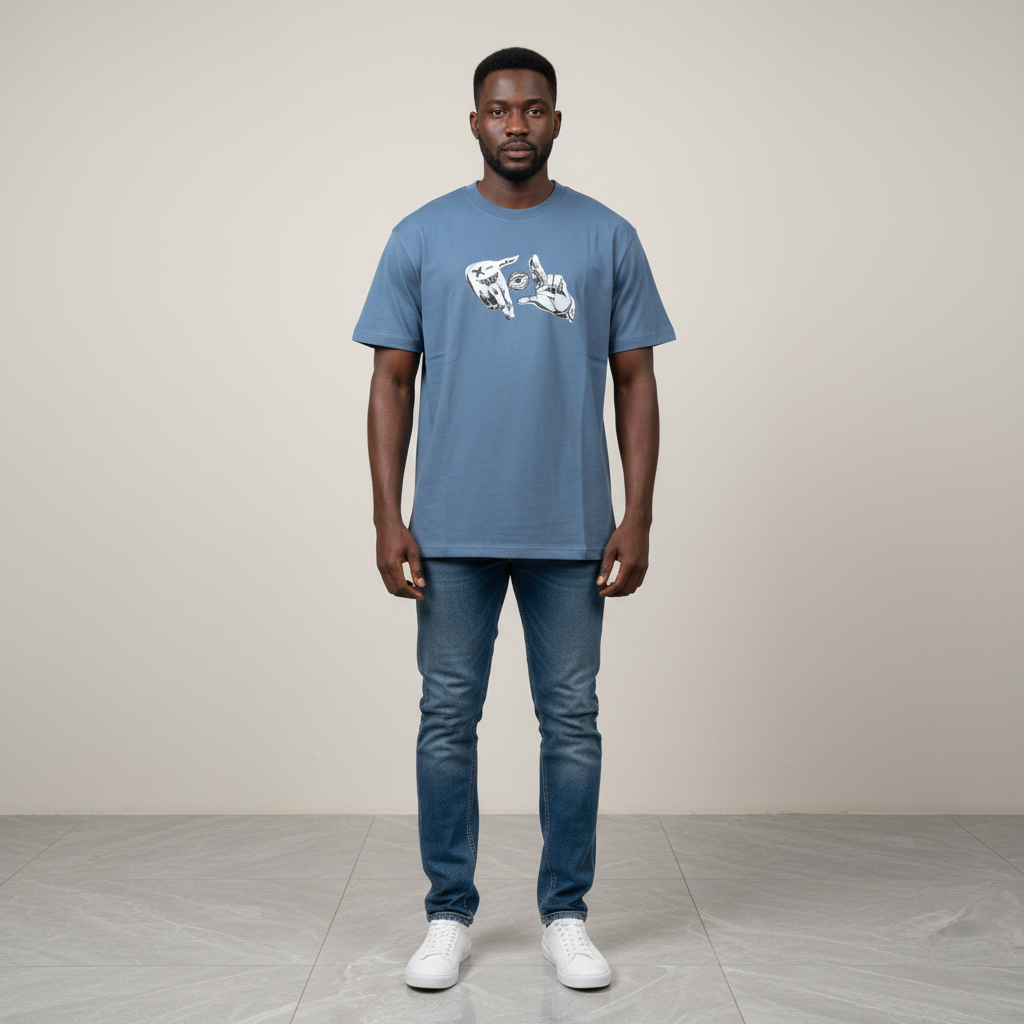 Black male model wearing a blue abstract hand graphic T-shirt