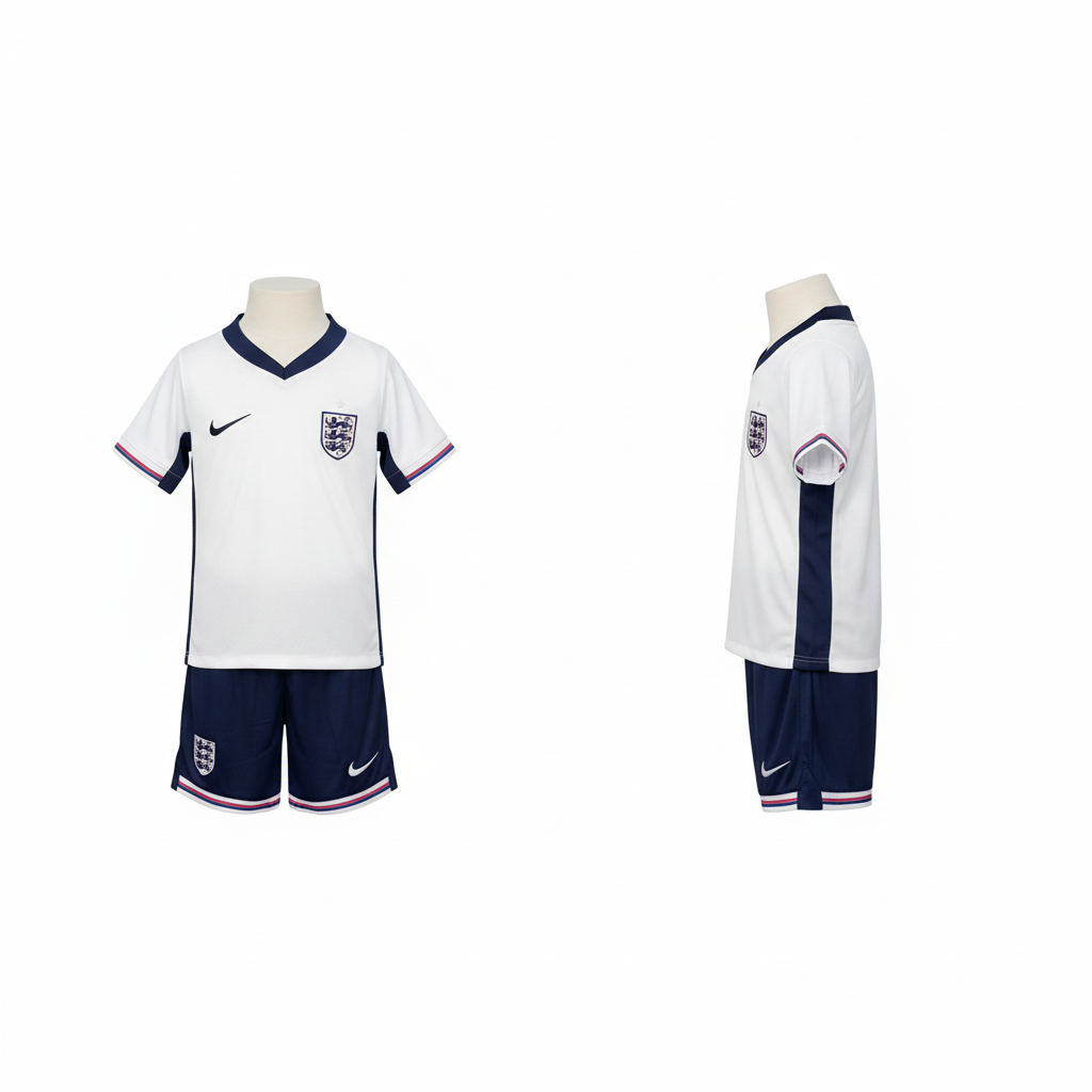 Kids white and navy three lions football jersey and shorts set ghost mannequin front and side view