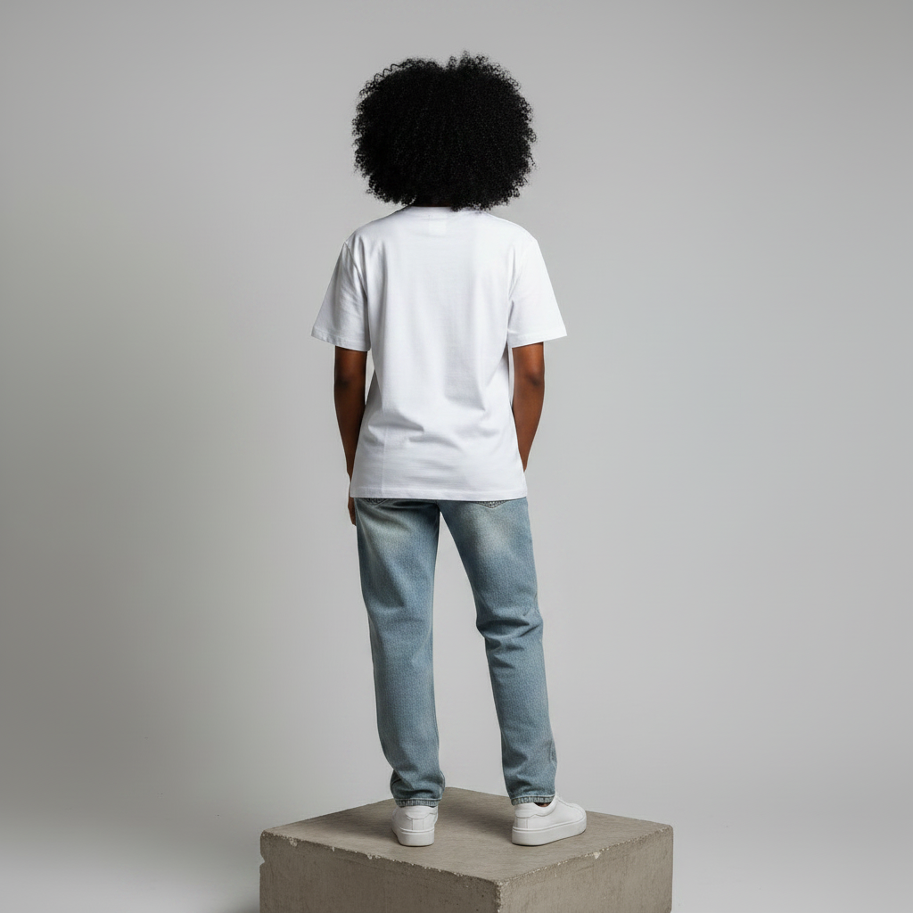 Nigerian female model back view wearing plain white T-shirt