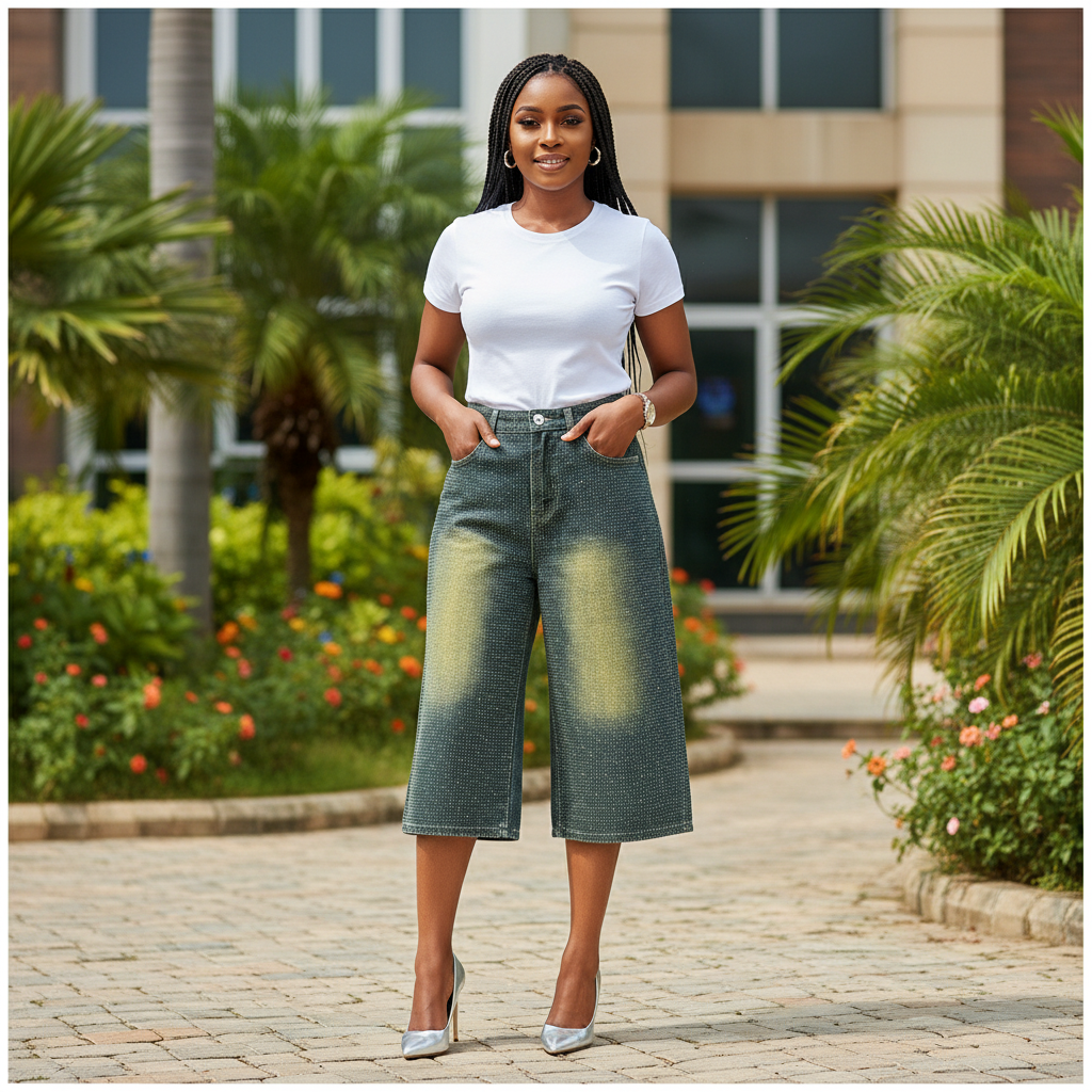 Nigerian female model wearing dark teal rhinestone wide leg cropped denim jeans in garden setting