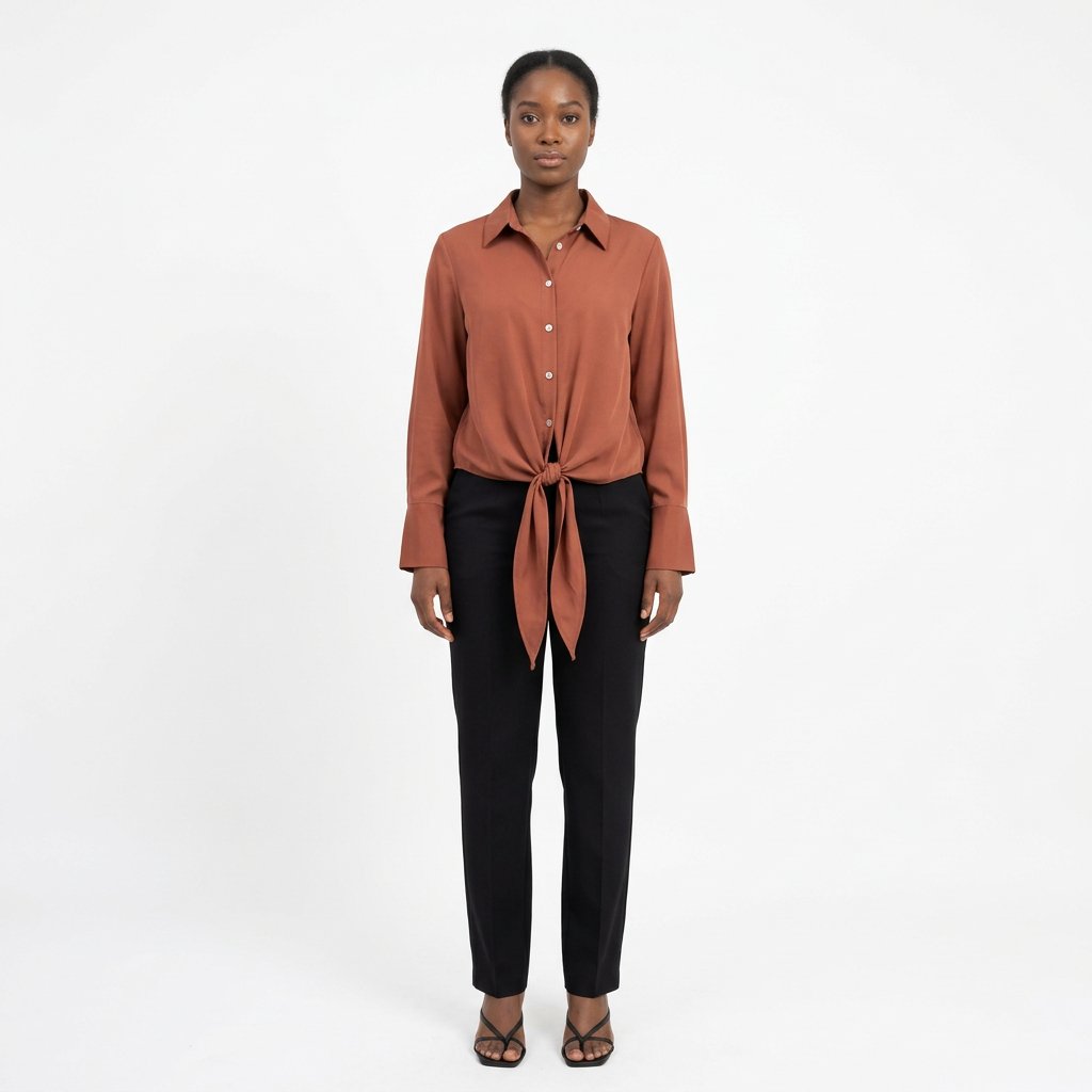 Full-body adult Black woman wearing a rust-brown tie-front shirt
