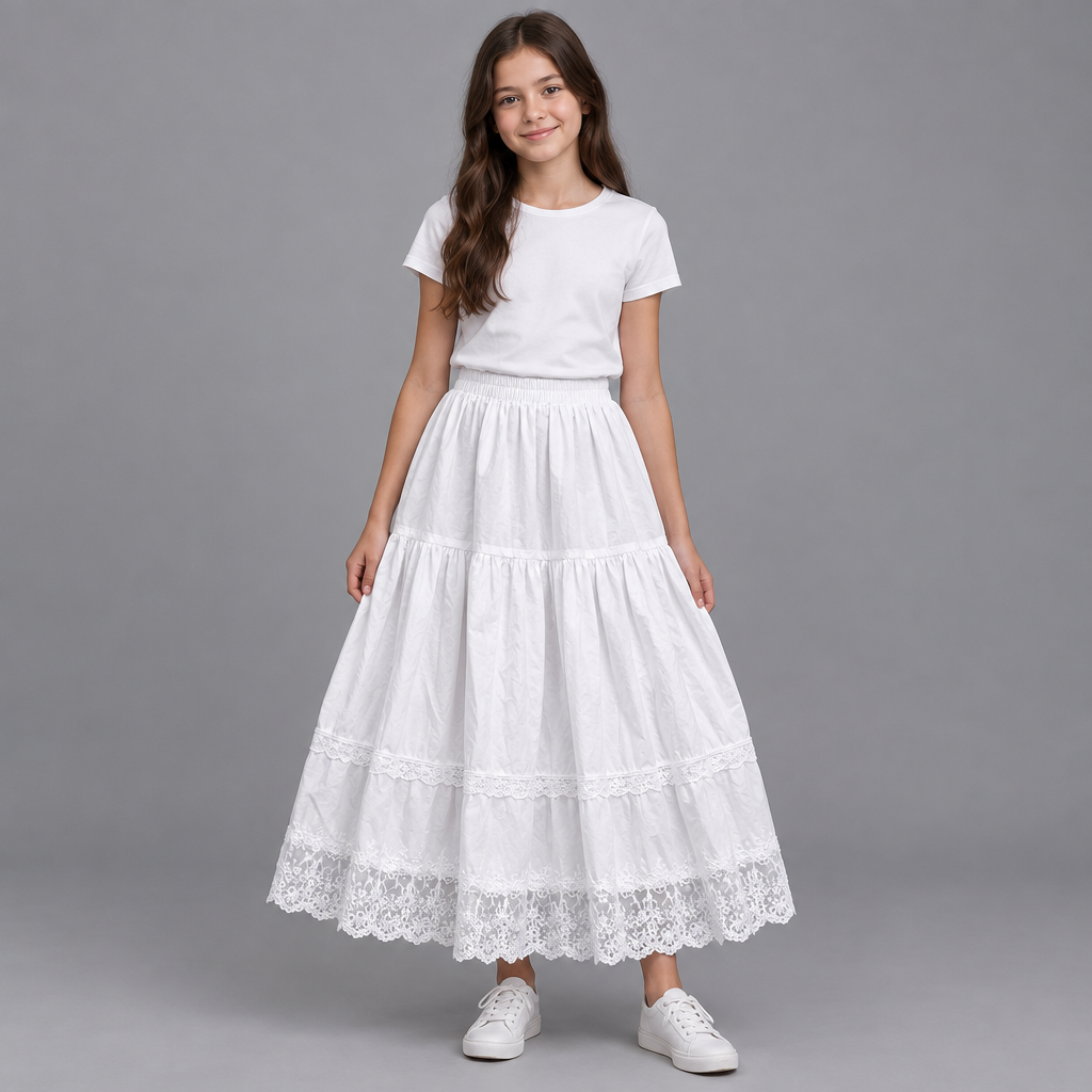 Child model wearing white tiered lace-hem skirt