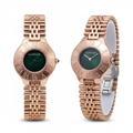 Full rose gold Panthère bracelet watch with Roman numeral bezel and emerald green dial, front and side view on white background