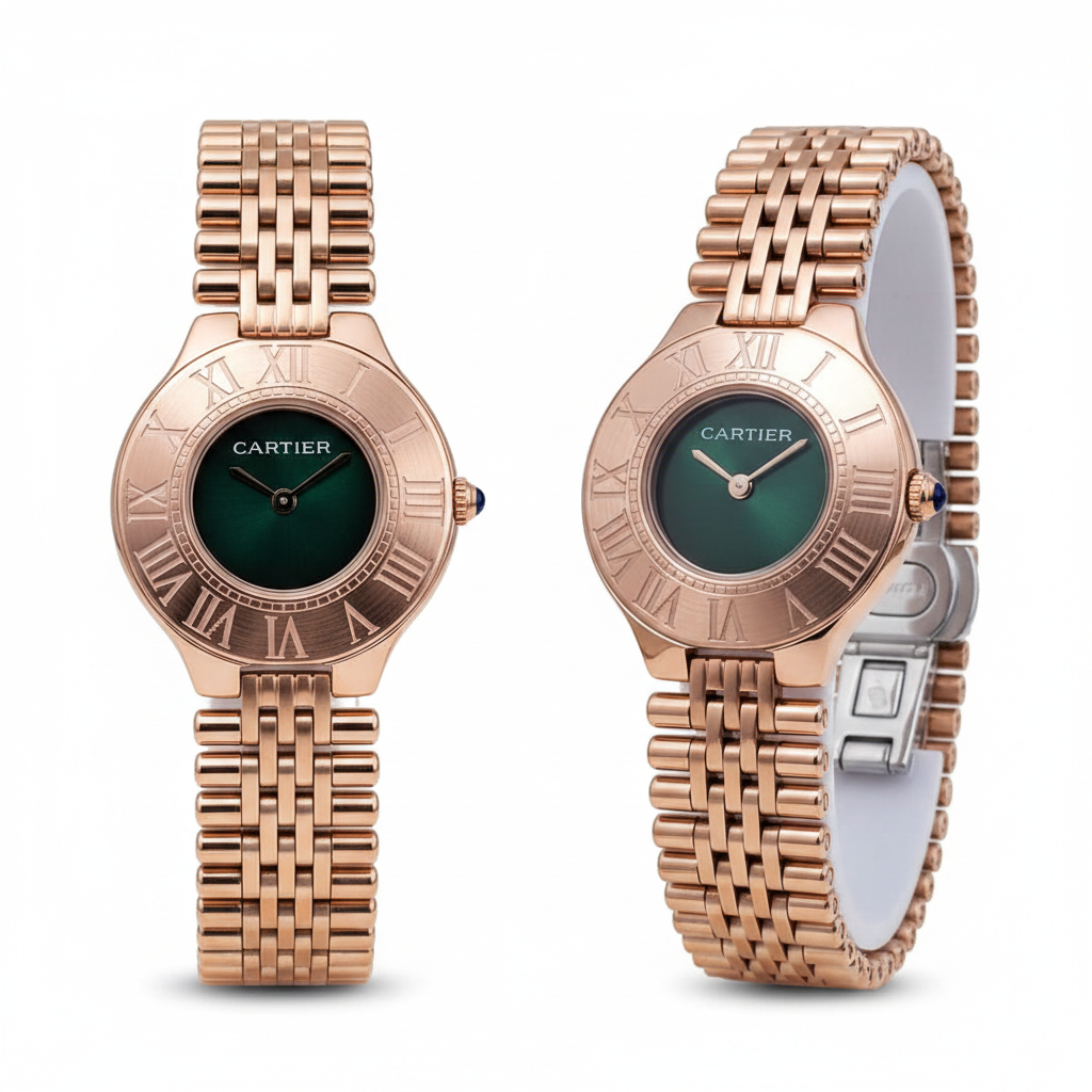 Full rose gold Panthère bracelet watch with Roman numeral bezel and emerald green dial, front and side view on white background