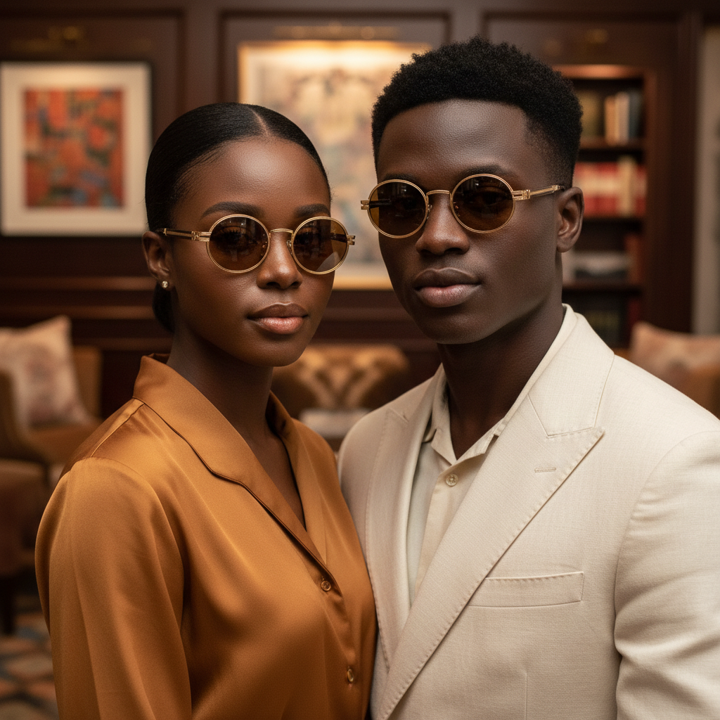 Ornate Round Sunglasses Gold Amber Wood – Unisex Model Shot Together