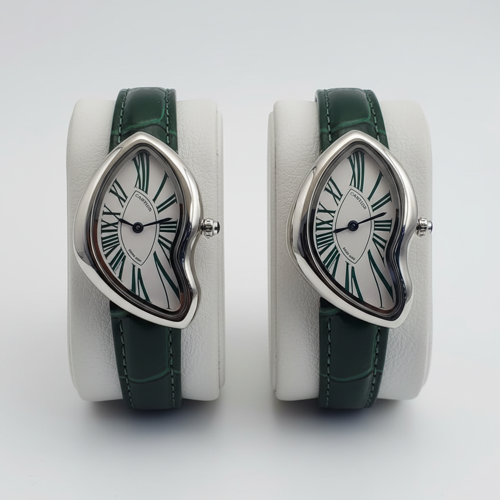 Asymmetric silver watch with green Roman numerals front and side view product shot