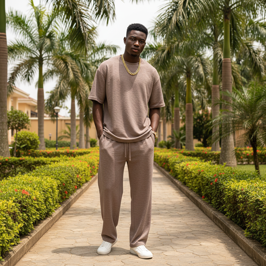Nigerian male model wearing dusty brown matching co-ord set outdoors