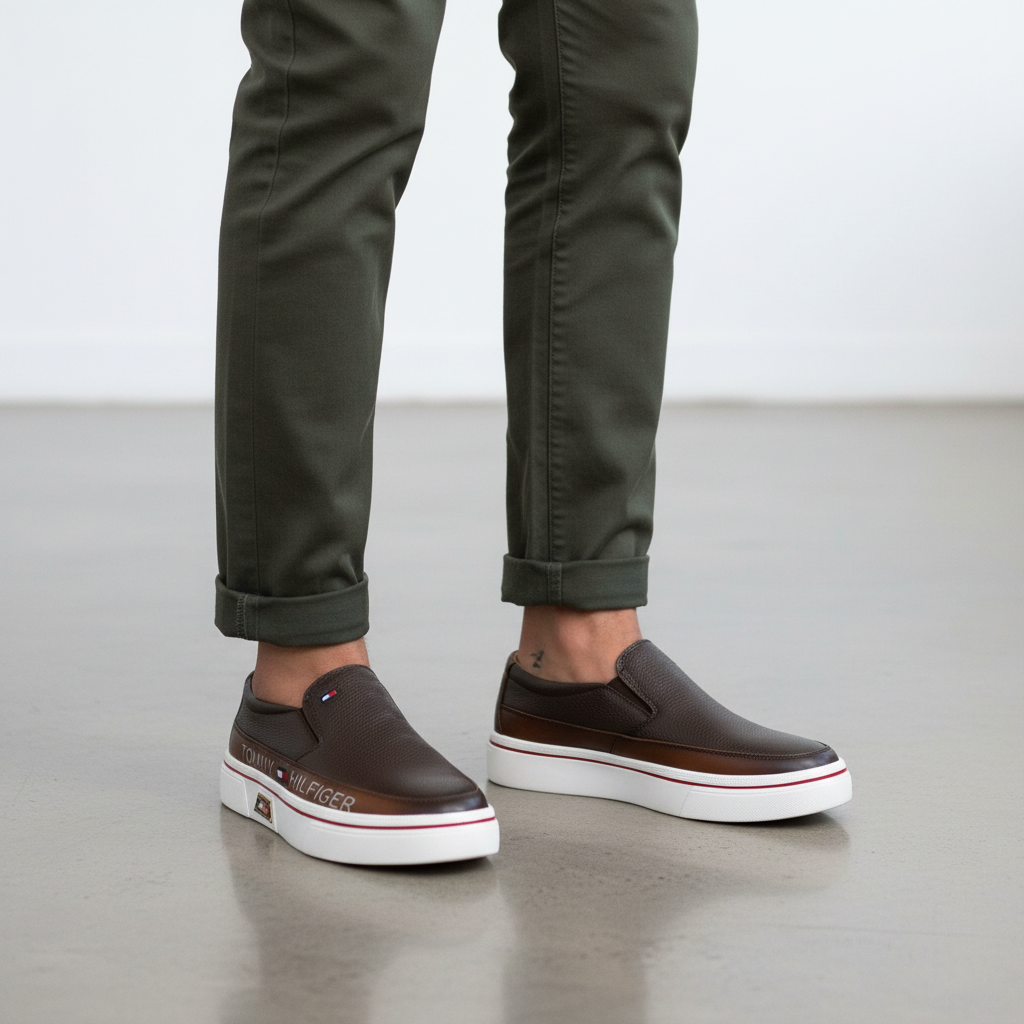 Dark Brown Pebbled Leather Slip-On Sneaker - Model Shot