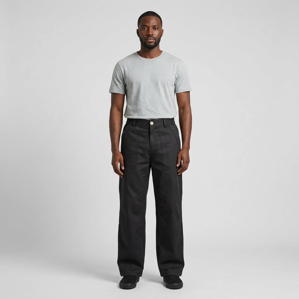 Full-body male model wearing black wide-leg patch-pocket trousers