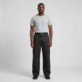 Full-body male model wearing black wide-leg patch-pocket trousers