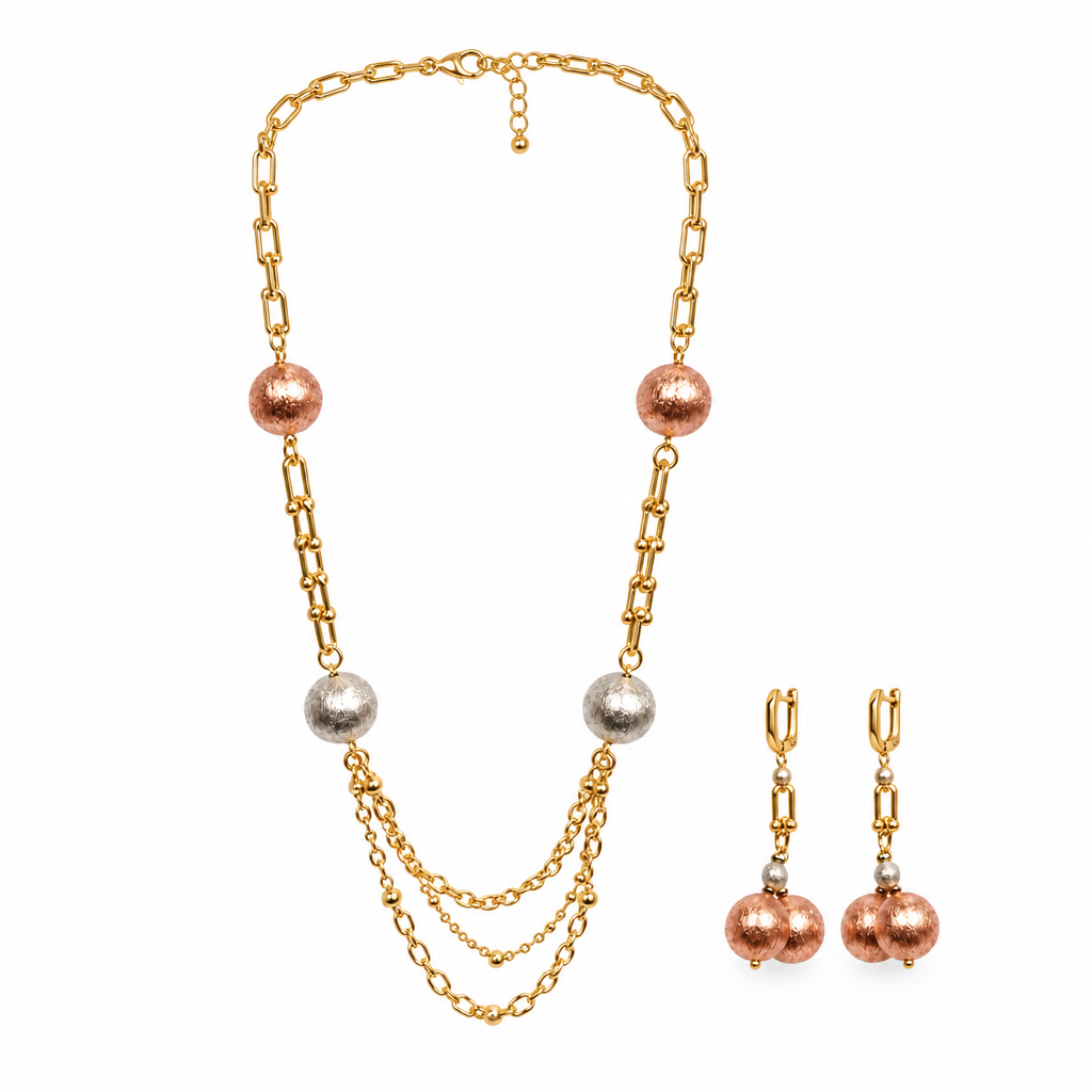 Gold chain and rose bead necklace and earring set