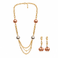 Gold chain and rose bead necklace and earring set