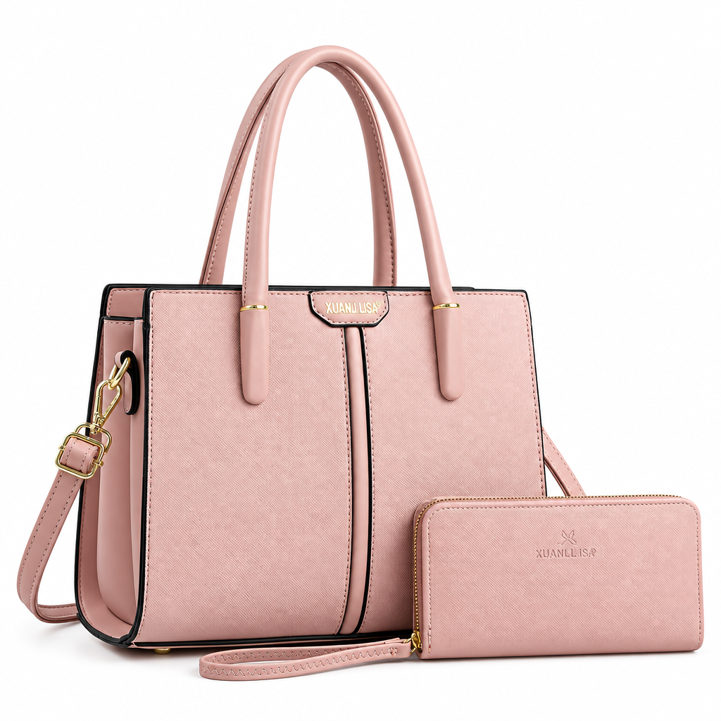Blush pink textured tote bag with black piping and matching wristlet wallet