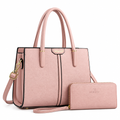 Blush pink textured tote bag with black piping and matching wristlet wallet