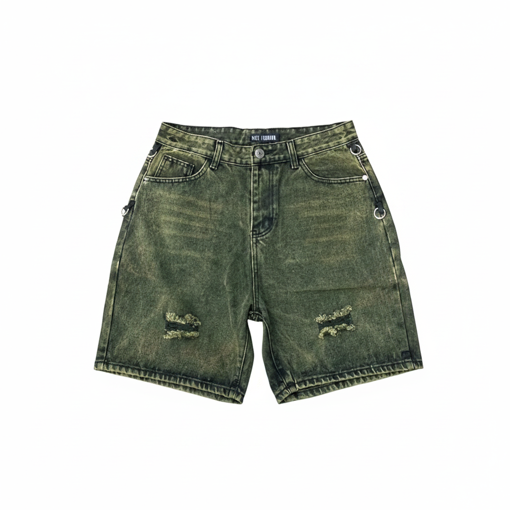 Ghost mannequin front view of olive green acid wash distressed denim shorts with ripped knees and D-ring hardware