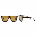 Unisex oversized flat-top square sunglasses with tortoiseshell frame, gold inner bar accent and warm amber lenses – front and side ghost mannequin view on white background