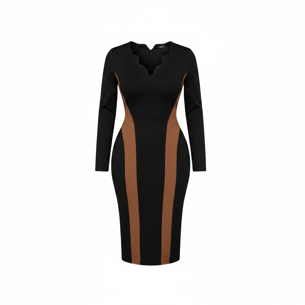Ghost mannequin view of women's black and brown scallop neck colour-block bodycon midi dress