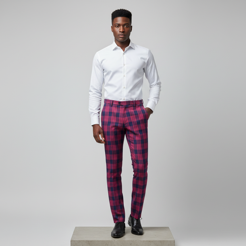 Pink Navy Tartan Trousers – Front Model