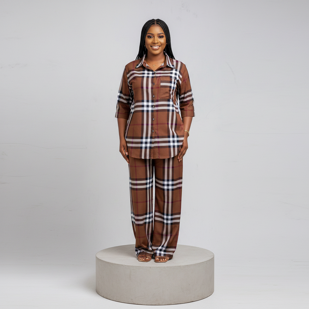 Brown Tartan Plaid Shirt & Trouser Set - Model Front View