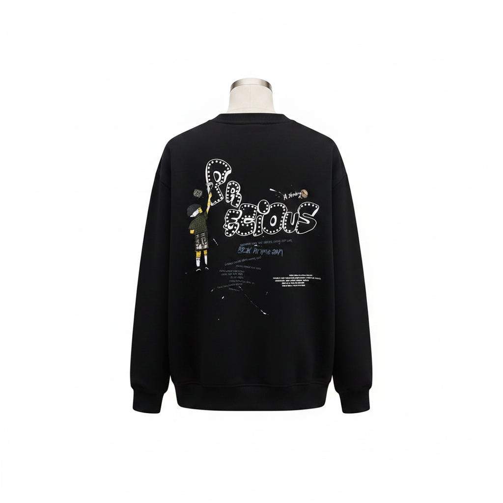 Unisex black sweatshirt with cartoon character painting bubble letters back graphic – ghost mannequin back view