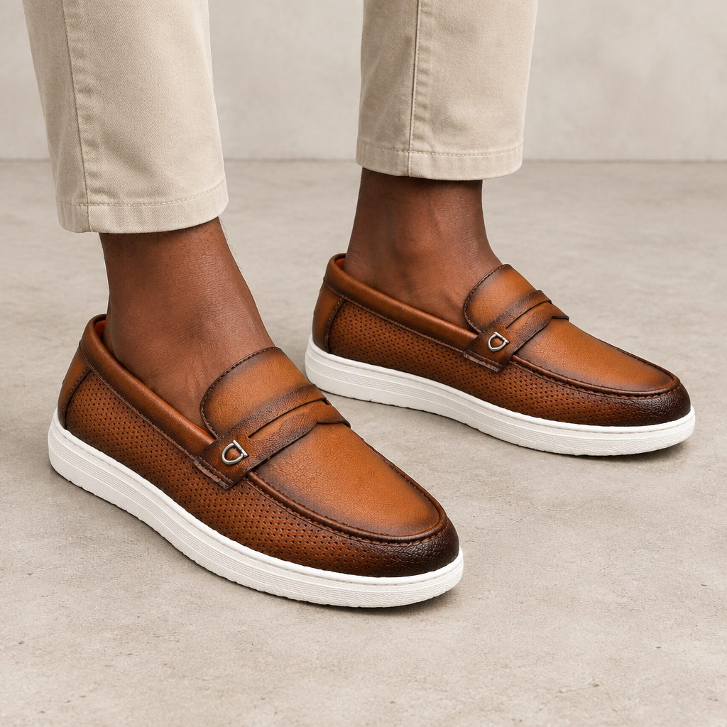Brown perforated ring loafers worn on both feet