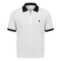 White textured zip-neck polo with black collar and sleeve trim on an invisible mannequin
