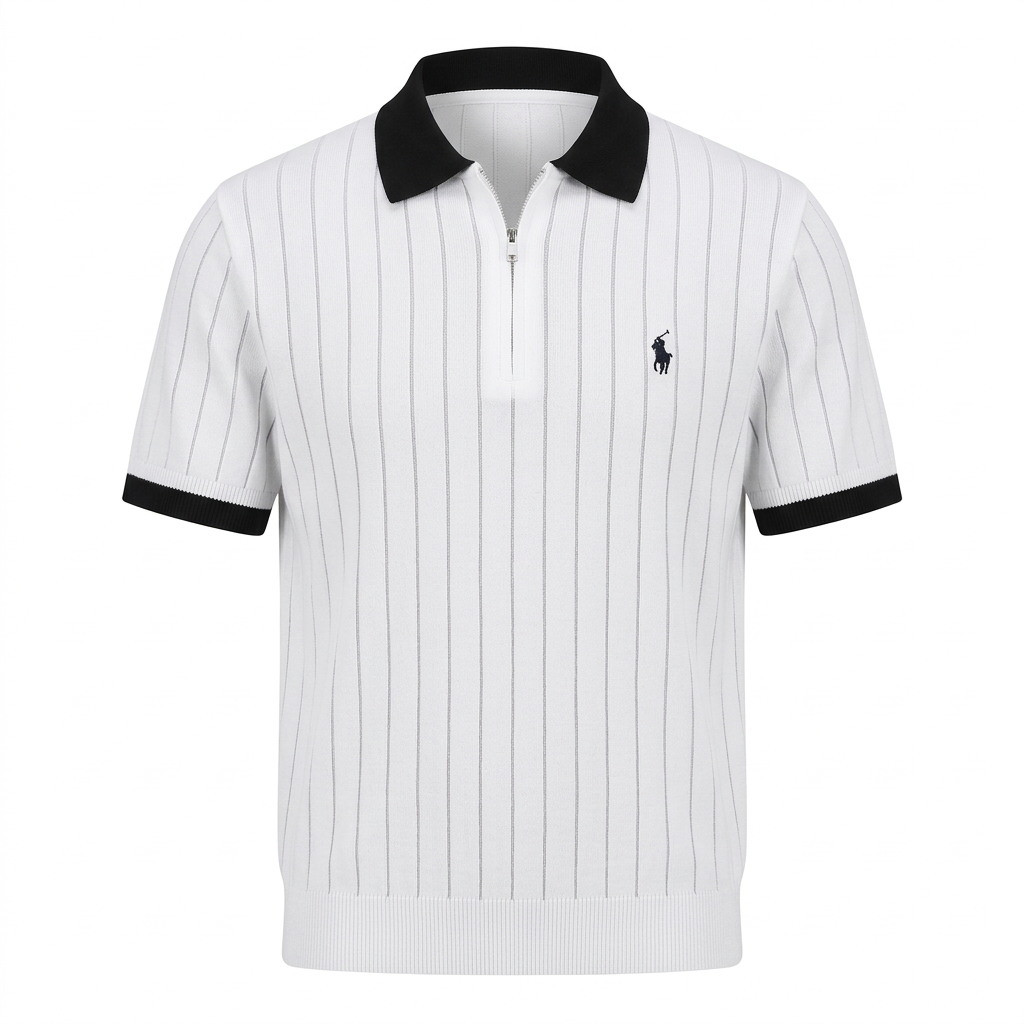 White textured zip-neck polo with black collar and sleeve trim on an invisible mannequin