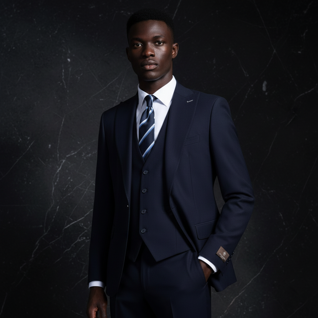 Nigerian male model wearing De Jossy Navy Blue 3-Piece Power Suit