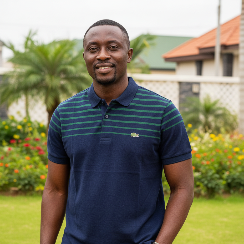 Nigerian male model wearing navy blue green striped yoke polo shirt in garden setting
