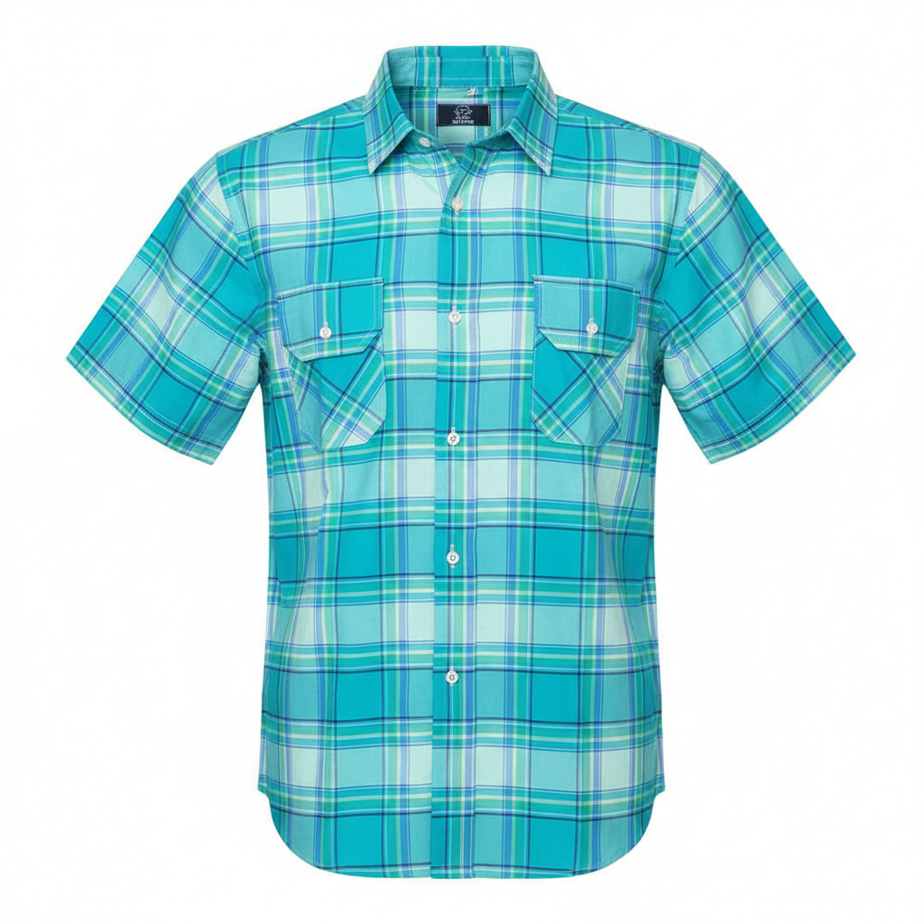 Ghost mannequin of teal plaid short-sleeved shirt