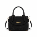 Ghost mannequin view of black textured structured satchel bag with gold hardware