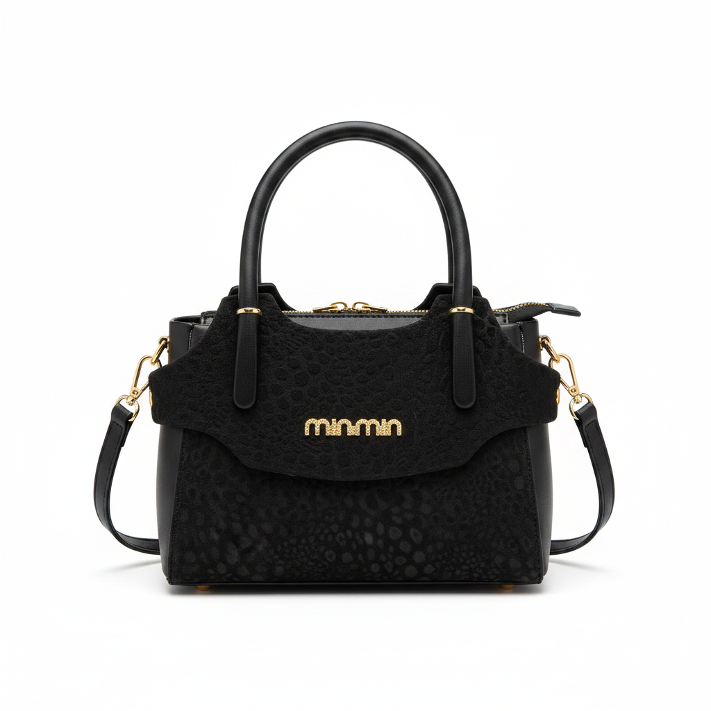 Ghost mannequin view of black textured structured satchel bag with gold hardware
