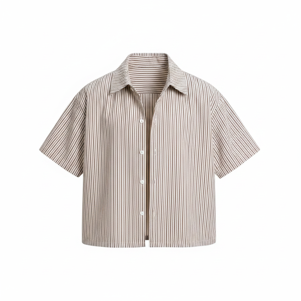 Men's cream and brown pinstripe boxy short-sleeve shirt with open collar, ghost mannequin front view