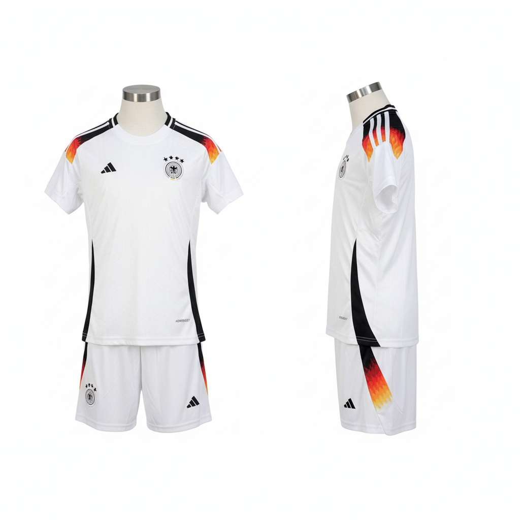 Kids white and black panel football jersey and shorts set ghost mannequin front and side view
