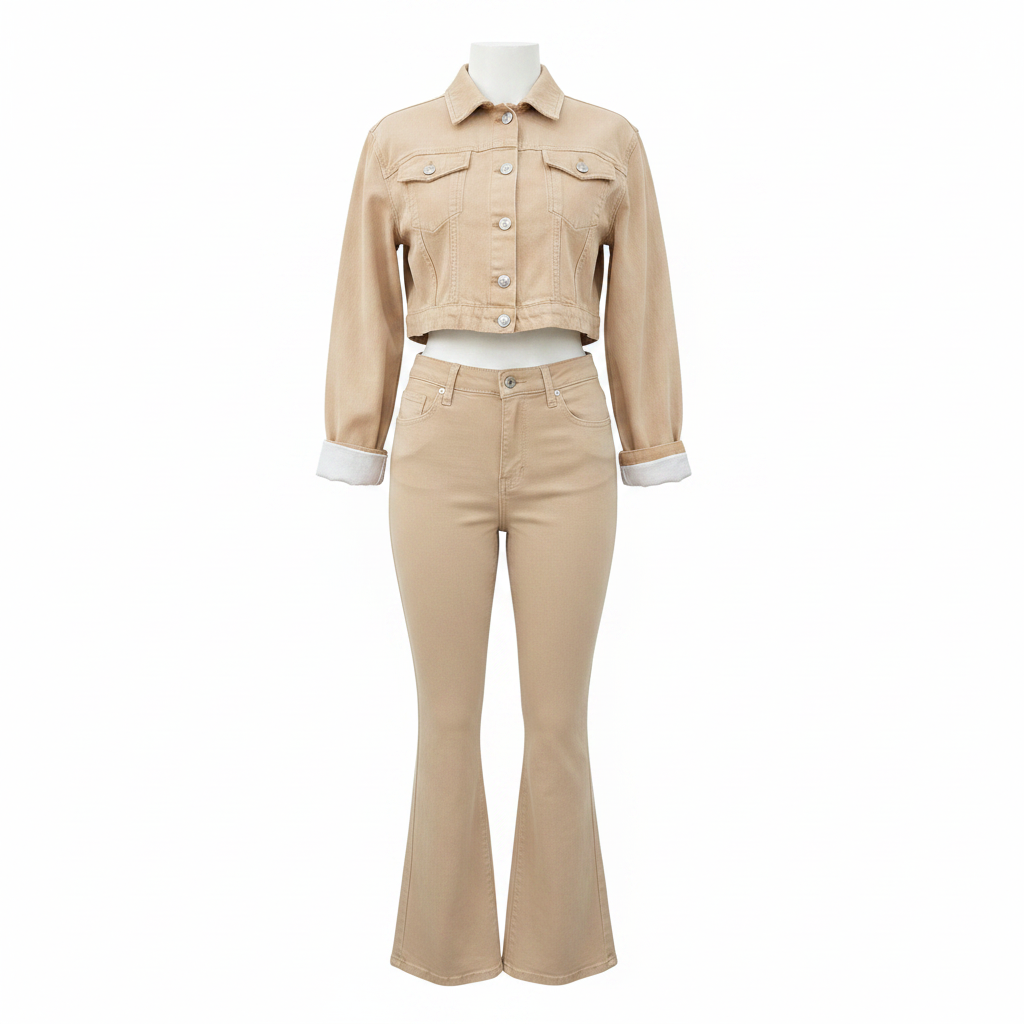 Beige Denim Co-ord Set - Ghost Mannequin Front
