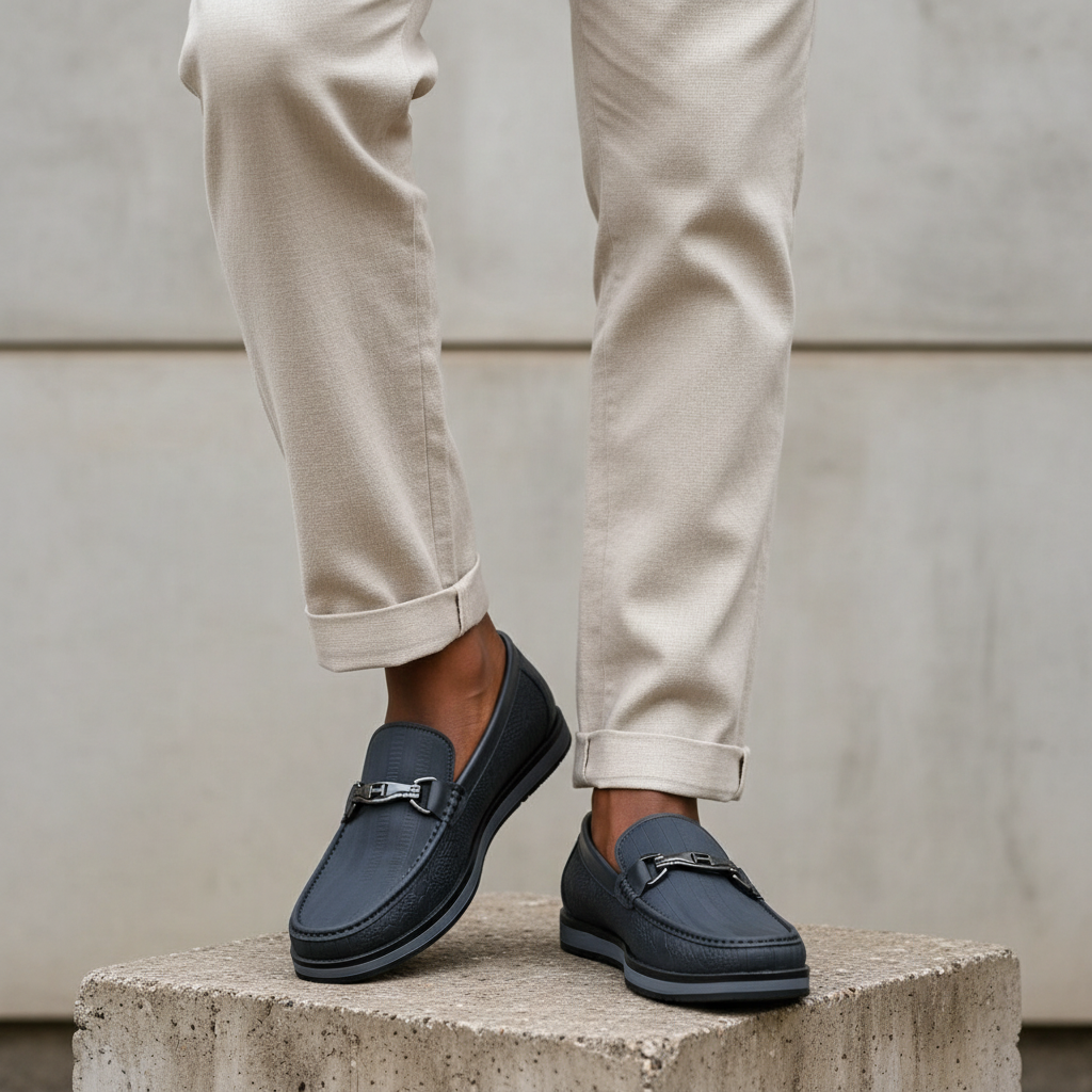 Nigerian male model leg focus shot wearing navy croc-embossed horsebit loafers