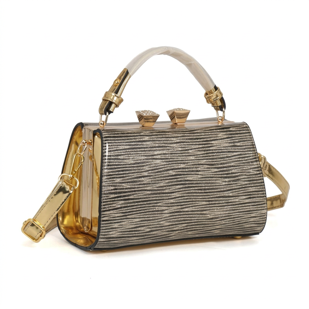 Silver ribbed frame handbag with gold-tone trim and pale curved handle