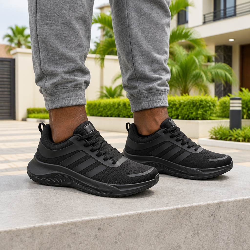 Man wearing all-black mesh sneakers with grey joggers