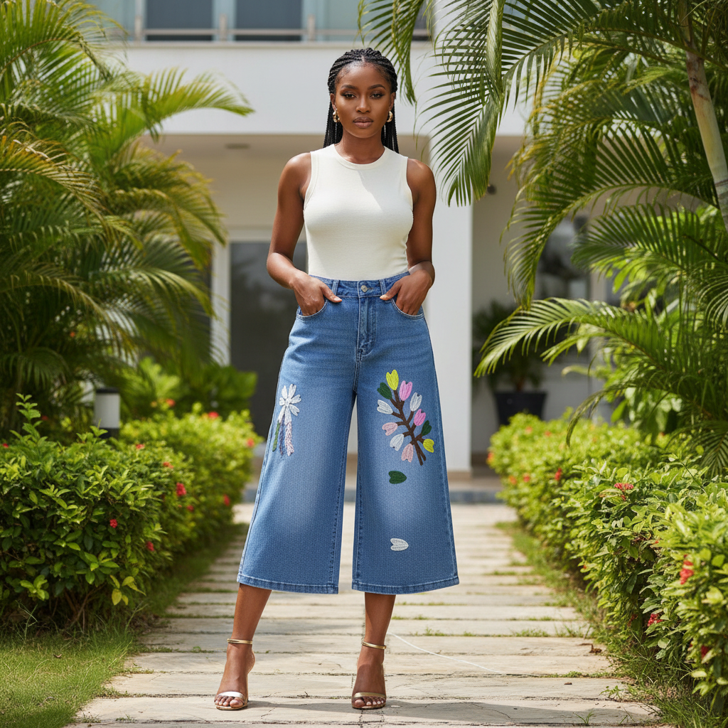 Floral Embroidered Wide-Leg Denim - Front Model View