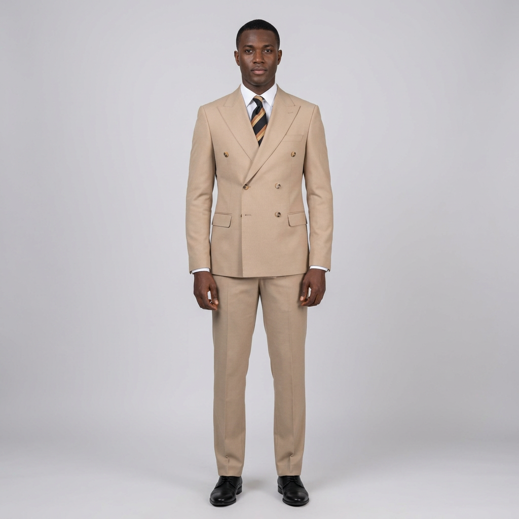 Full-body Black adult model wearing a beige double-breasted suit